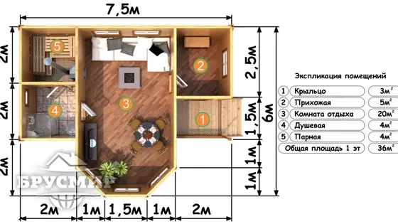 Проект бани из бруса 7,5х6м №3 - фото 5