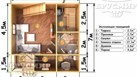 Проект бани из бруса 6х6м №5 - фото 5