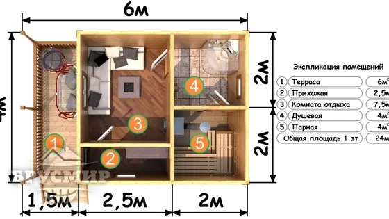 Проект бани из бруса 6х4м №4 - фото 5