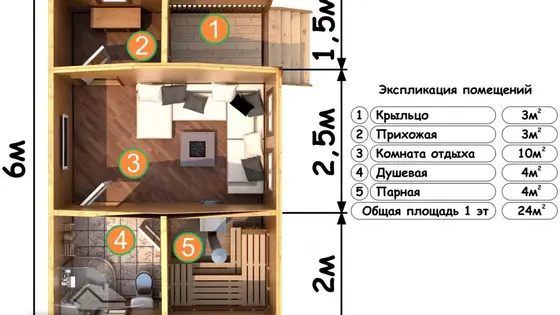 Проект бани из бруса 6х4м №1 - фото 5