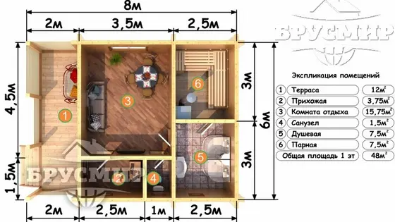 Проект бани из бруса 6х8м №12 - фото 5