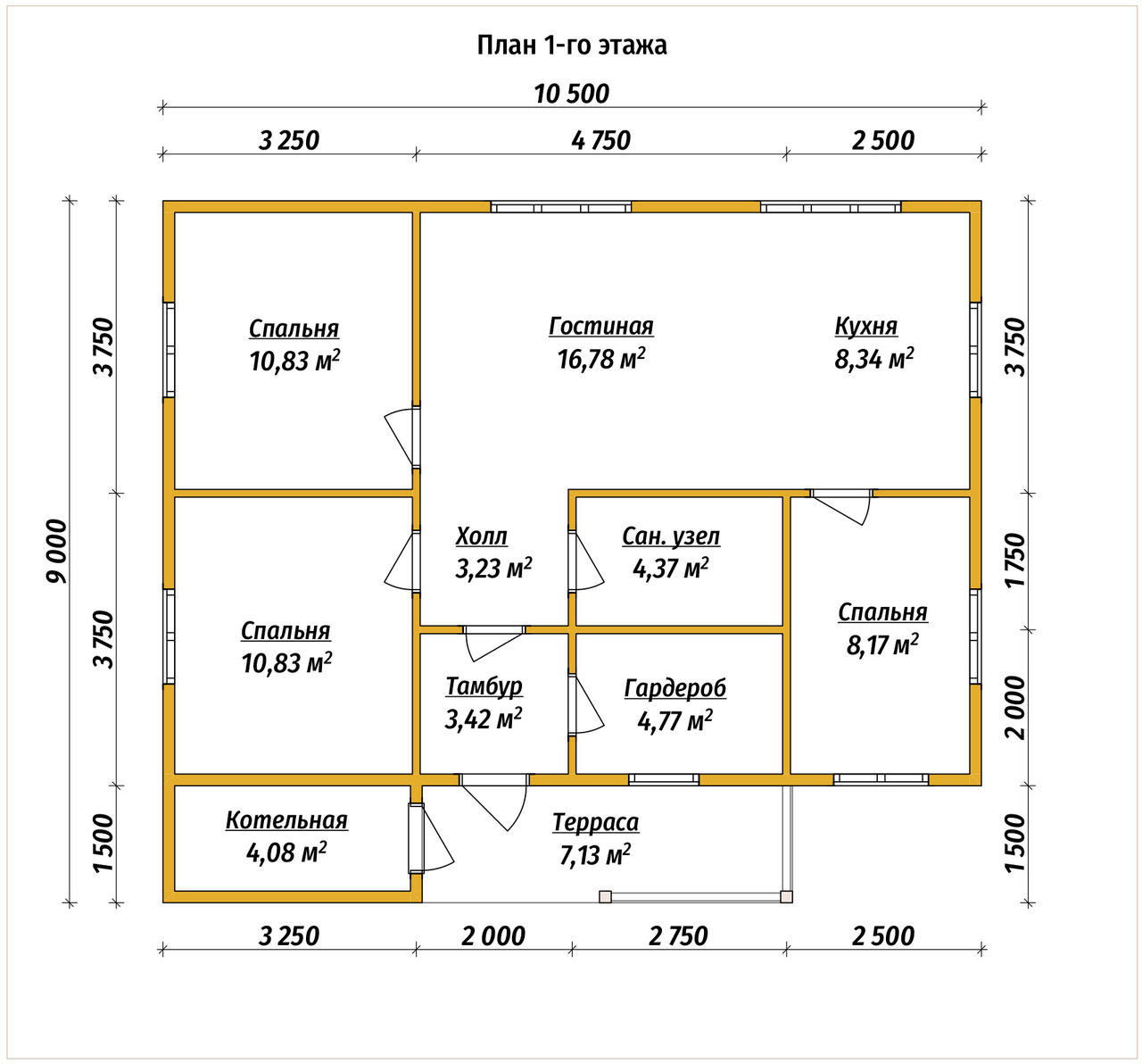 Проект дома из бруса ДБ №182, 74.8м², 1 эт., 4 комн. - планировка 1