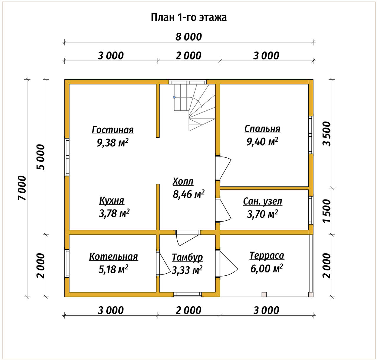 Проект дома из бруса ДБ №194, 76.8м², 1 эт. + манс., 5 комн. - планировка 1