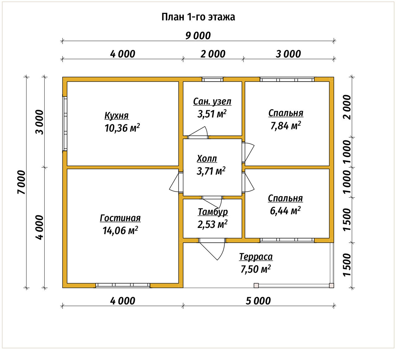 Проект дома из бруса ДБ №177, 48.4м², 1 эт., 3 комн. - планировка 1