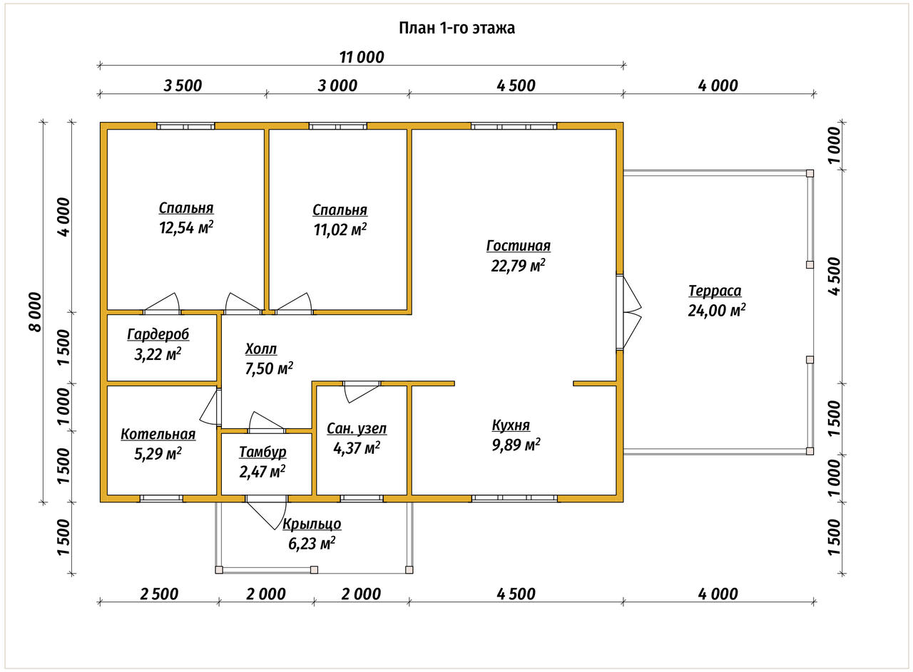 Проект дома из бруса ДБ №183, 79.1м², 1 эт., 3 комн. - планировка 1