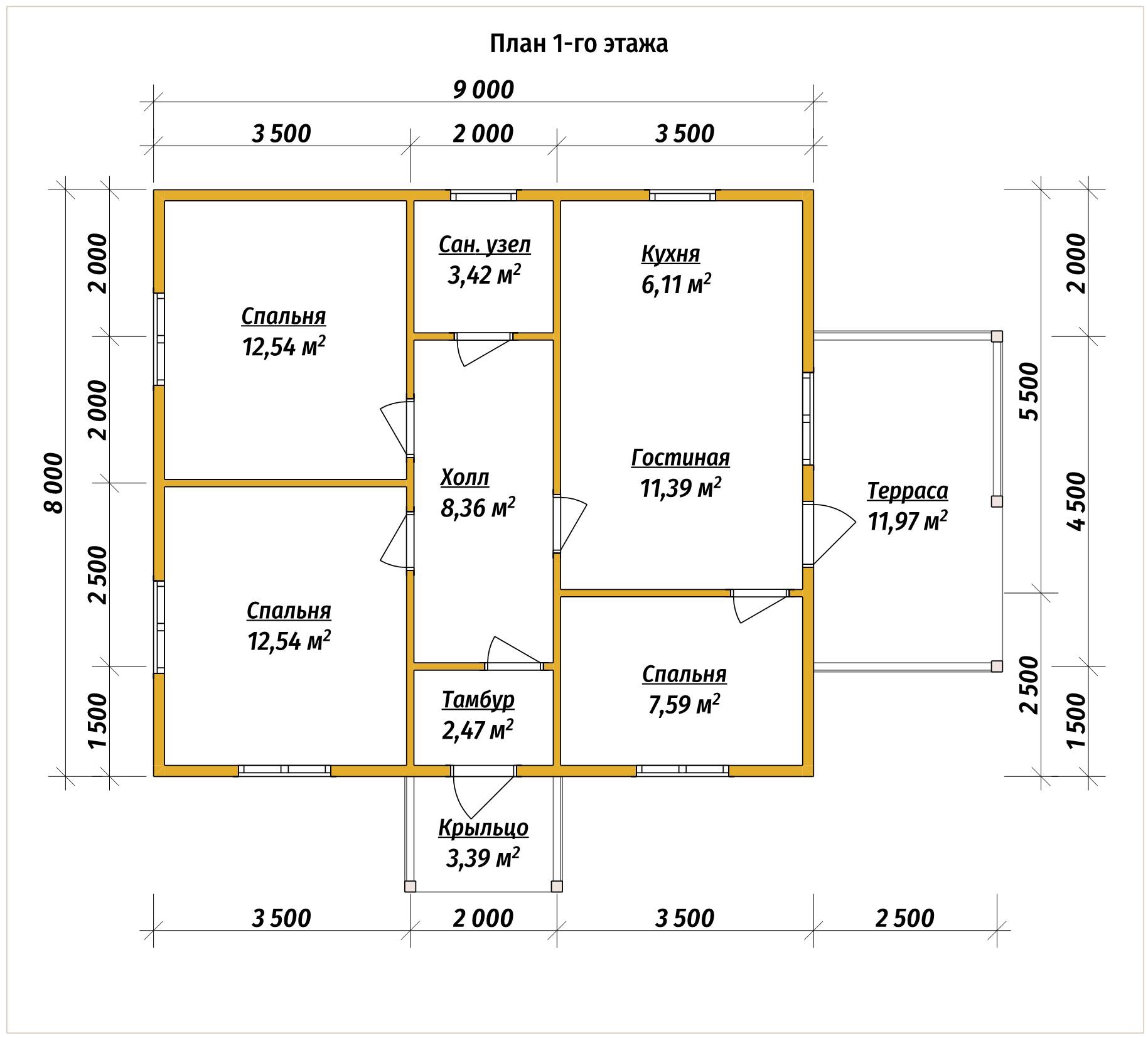 Проект дома из бруса ДБ №196, 65м², 1 эт. - планировка 1
