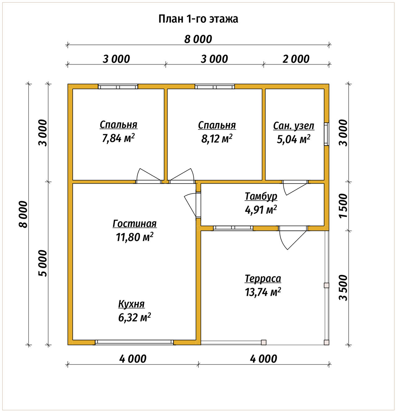 Проект дома из бруса ДБ №184, 43.9м², 1 эт., 3 комн. - планировка 1