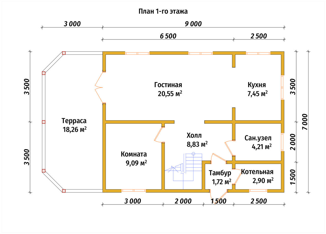 Полутораэтажный дом из бруса ДБ №80 - планировка 1