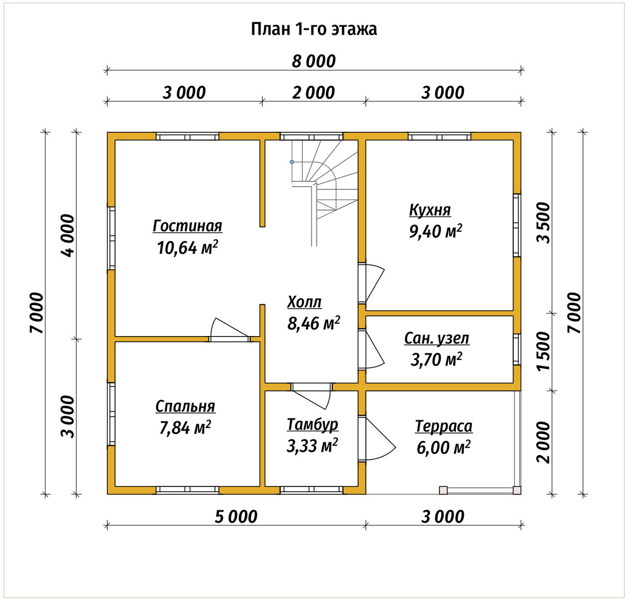 Проект дома из бруса ДБ №193, 78.8м², 1 эт. + манс., 4 комн. - планировка 1