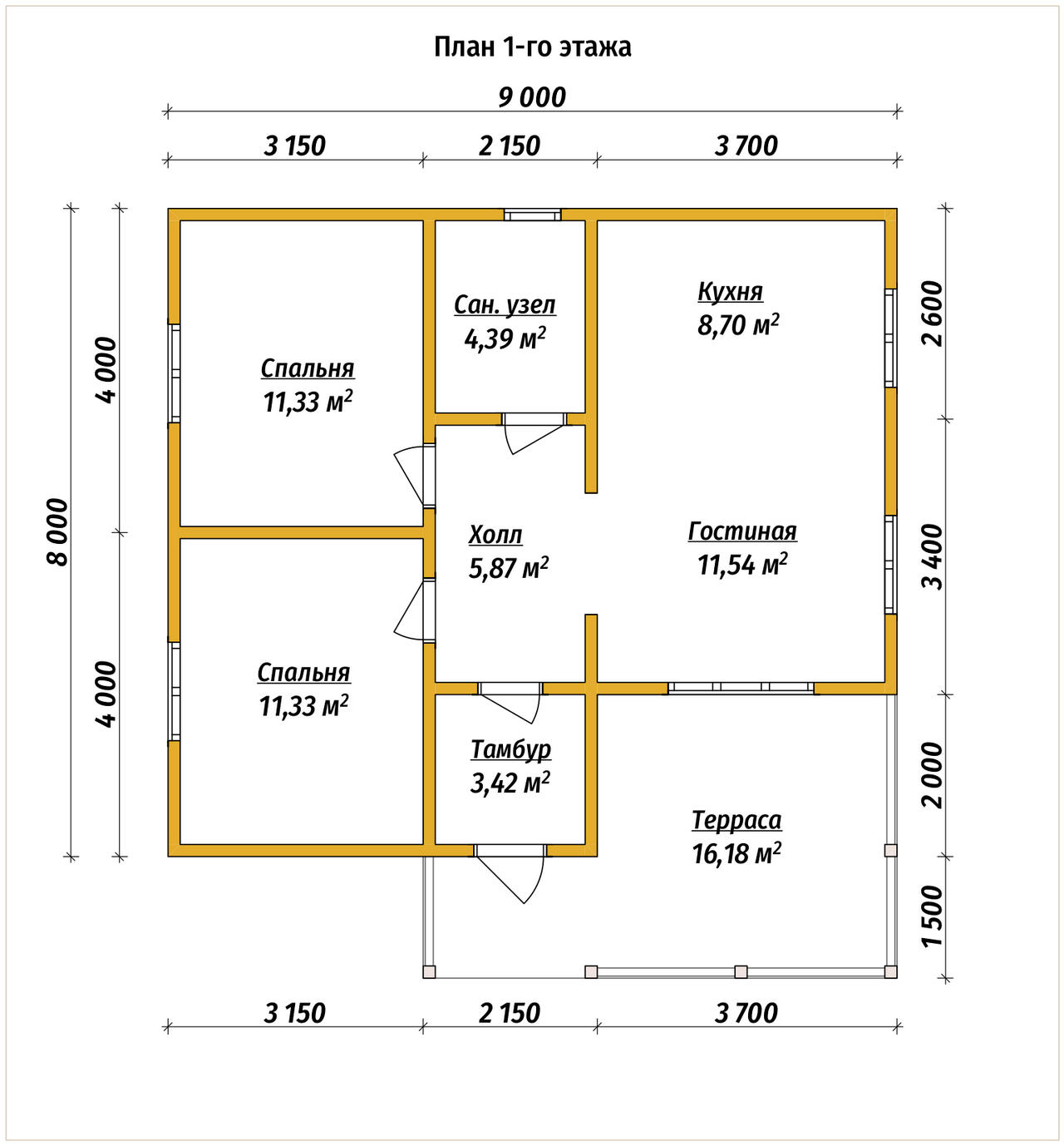 Проект дома из бруса ДБ №176, 56.5м², 1 эт., 3 комн. - планировка 1