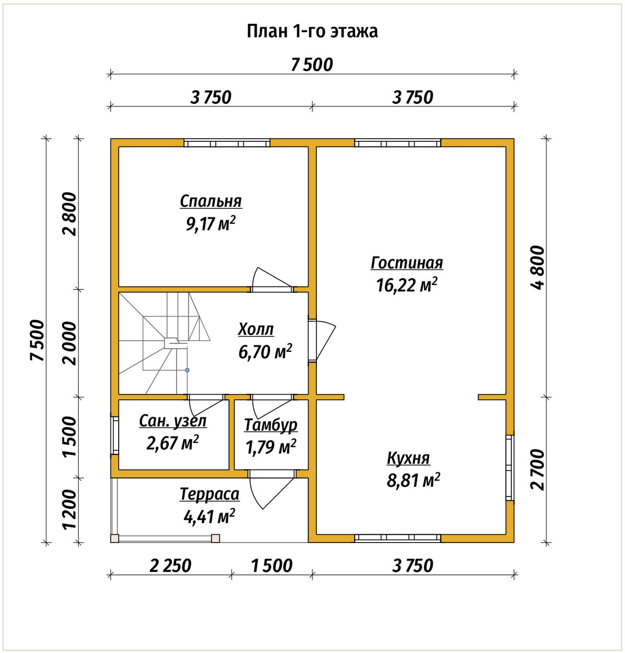 Проект дома из бруса ДБ №188, 88.5м², 1.5 эт., 5 комн. - планировка 1