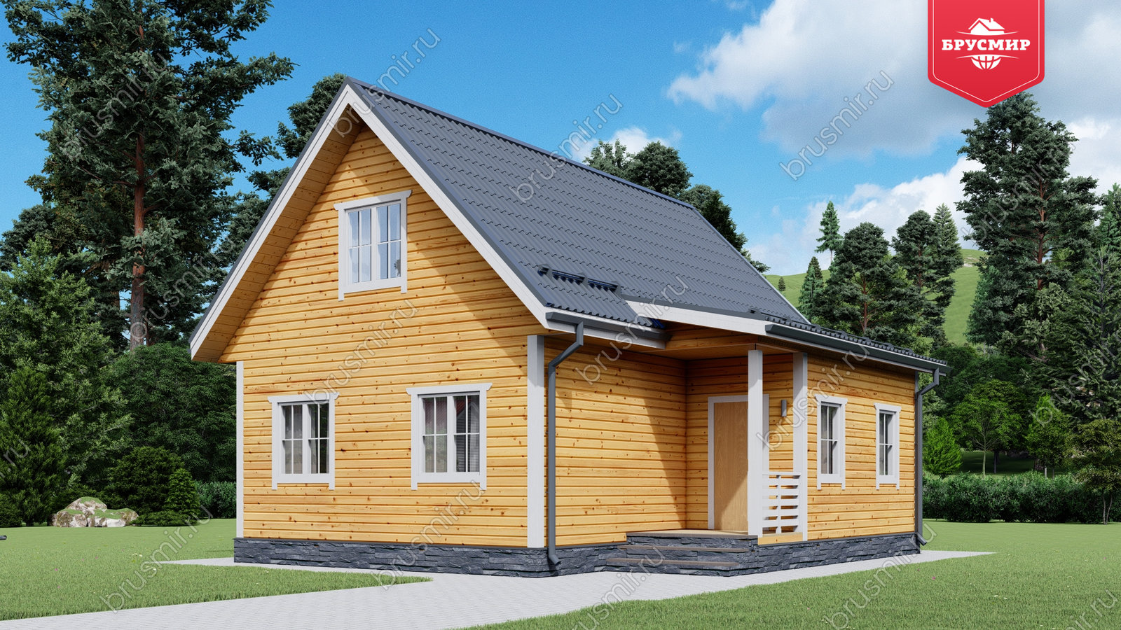 Проект дома из бруса ДБ №190, 89.2м², 1 эт. + манс., 4 комн.