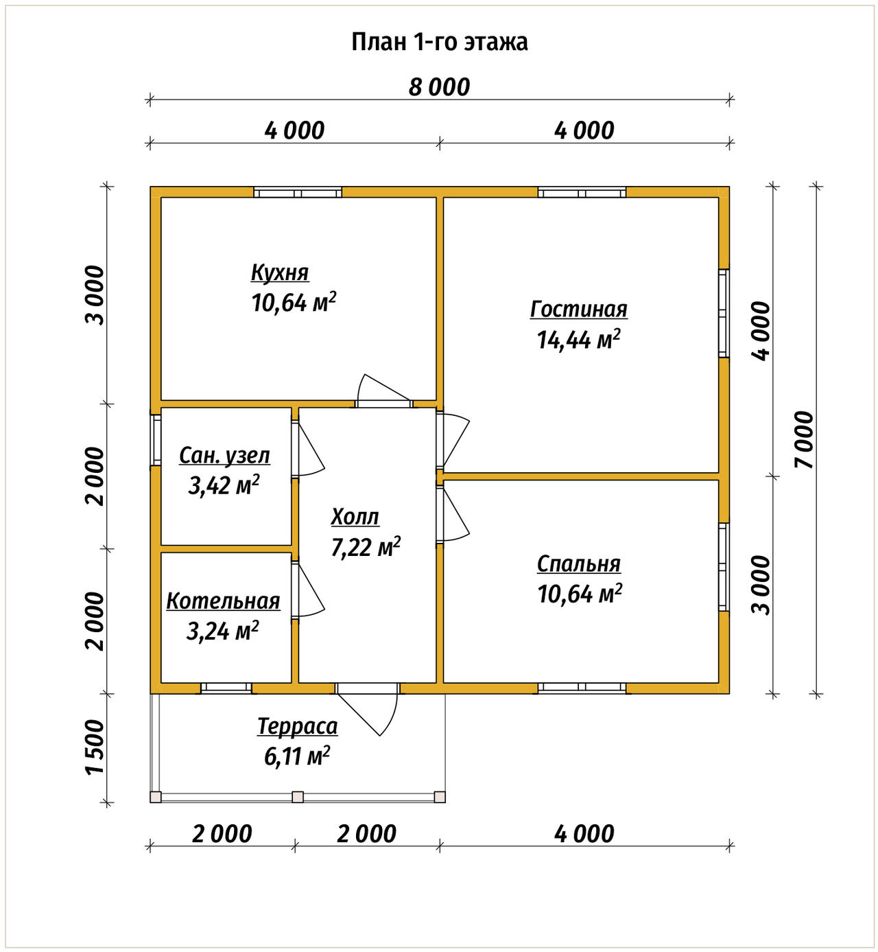 Проект дома из бруса ДБ №195, 49.6м², 1 эт., 2 комн. - планировка 1