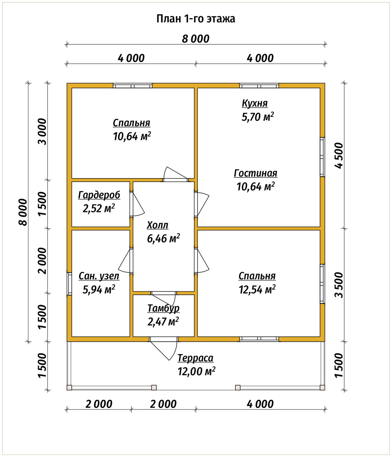 Проект дома из бруса ДБ №186, 56.8м², 1 эт., 3 комн. - планировка 1
