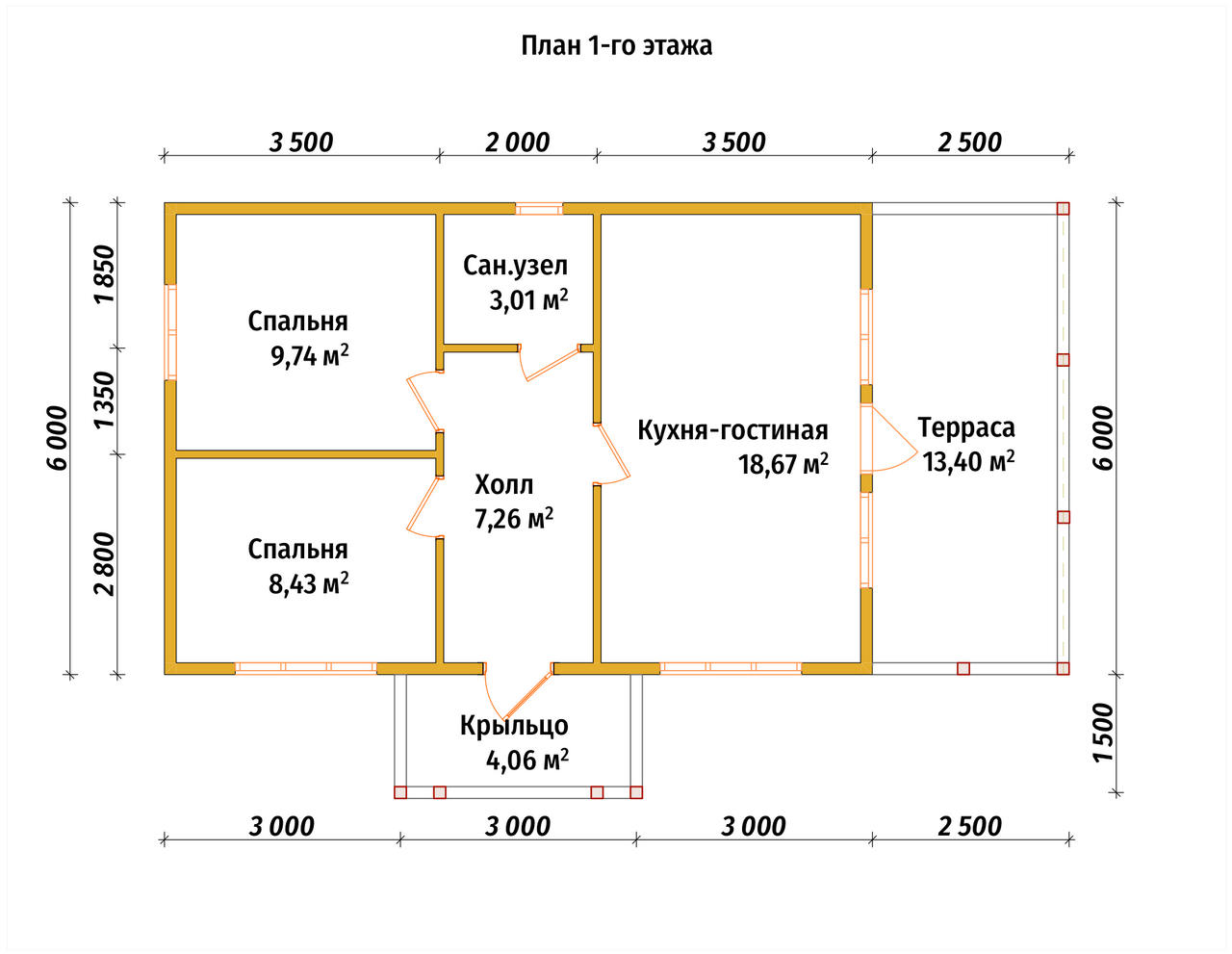 Одноэтажный дом из бруса ДБ №69 - планировка 1